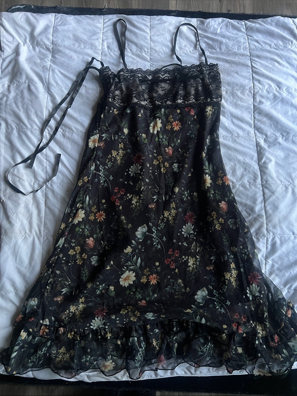 BLACK FLORAL LACE AND SHEER SLIP DRESS
